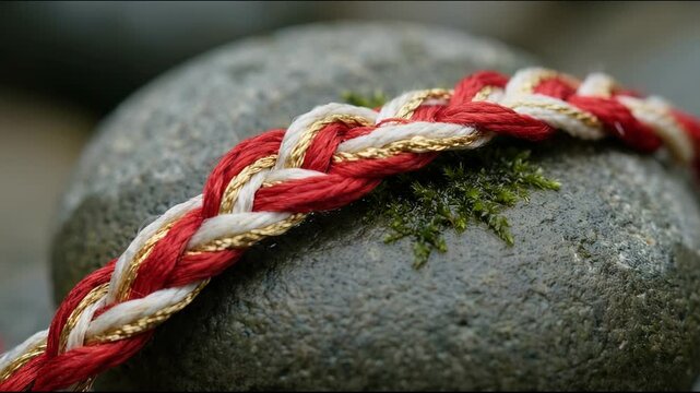 Close Up Of Red White And Gold Braided Cord On Wet Stone With Moss In Soft Natural Light