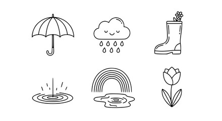 Fototapeta premium Set of weather icons including an umbrella, cloud with rain, rain boot, puddle, rainbow, and tulip
