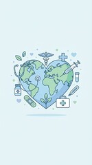 Global Health and Medical Care Concept with Heart-Shaped Earth and Medical Icons.