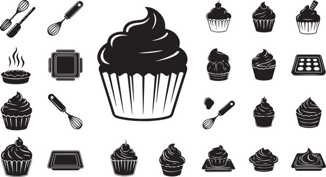 Black and white cupcake icons with baking tools