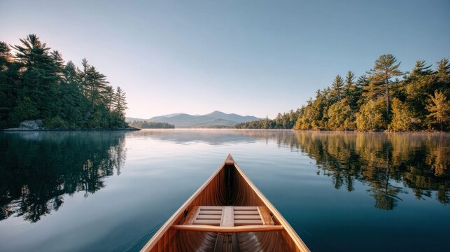 Canoe on a calm lake at sunrise with forest reflections