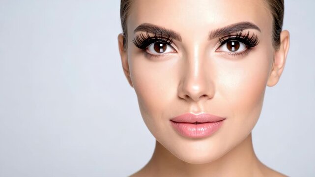 Close-up of a woman's face with flawless makeup and dramatic eyelashes