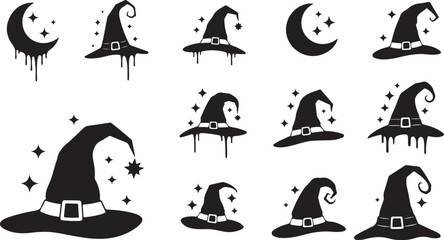 Obraz premium Black Silhouette Witch Hats and Crescent Moons Set