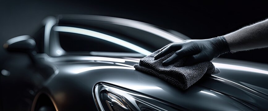 Close-up of a hand in a black glove polishing a sleek, modern car with a microfiber cloth.
