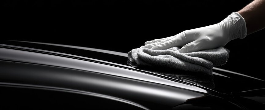 Close-up of Hands in White Gloves Polishing a Shiny Black Car Surface.