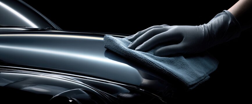 Close-up of gloved hands polishing a dark, reflective car surface with a microfiber cloth.