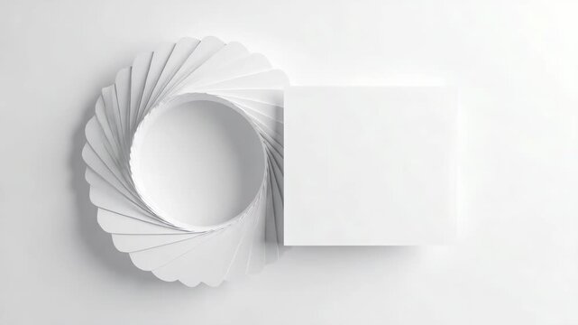 Abstract swirling white paper petals forming a vortex next to a stark white square