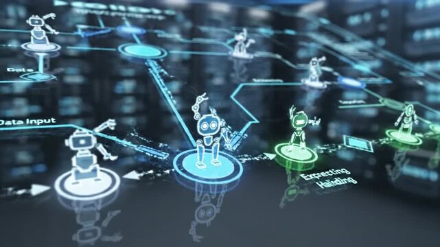 Futuristic digital artificial intelligence robot technology network data server communication innovation with virtual interface, blue neon cyber system, automation, data input, processing nodes