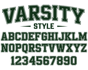 varsity style font alphabet and numbers, bold collegiate block letters perfect for sports jerseys, school apparel, team branding, poster designs, and printable typography projects. © Rose