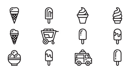 Outline icons of ice cream: cones, popsicles, sundaes, carts, and ice cream van © Siyam Islam