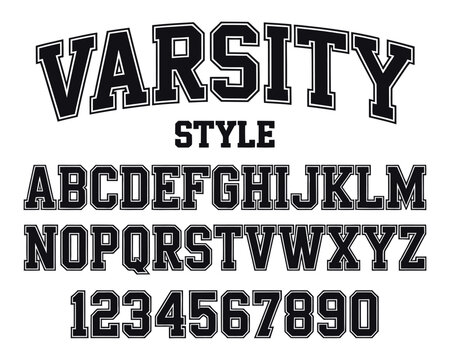 varsity style font alphabet and numbers, bold collegiate block letters perfect for sports jerseys, school apparel, team branding, poster designs, and printable typography projects.