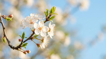 Fototapeta premium Delicate white cherry blossoms bloom on a branch, showcasing nature's ephemeral beauty in soft sunlight