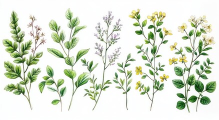 Delicate watercolor botanical sprigs: seven leafy green stems with tiny purple, yellow and white wildflowers evoking a fresh, serene mood