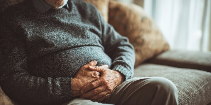Elderly Man Sitting on Sofa with Hands Clasped on Stomach.