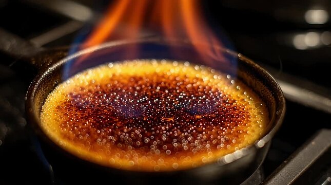 Cr&egrave;me br&ucirc;l&eacute;e being torched from above, showcasing the caramelization of the sugar crust.