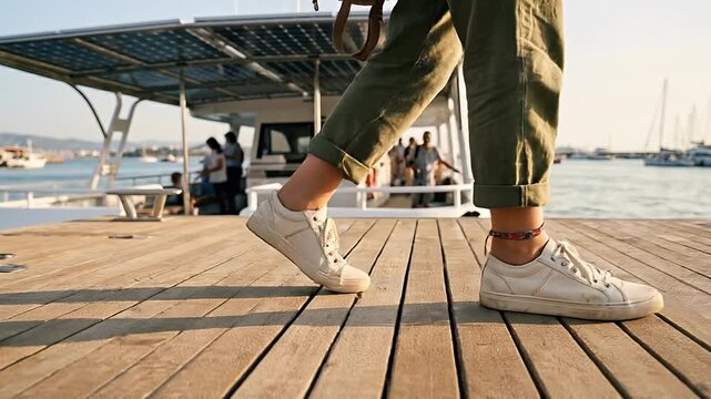 Low carbon travel seaside wooden dock walking person casual pant and sneaker near boat marina ankle bracelet rolled pants relaxed coastal atmosphere