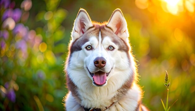 Close-up of a smiling dog with striking blue eyes, brown and white fur, and pink tongue, bathed in sunlight