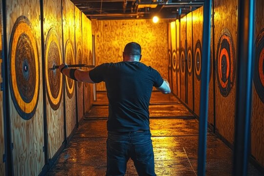 man poised to throw axes in dimly lit indoor axe throwing range between rows of wooden targets, focused and determined