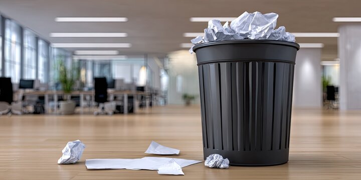 Crumpled paper in a trash can in a modern office environment.