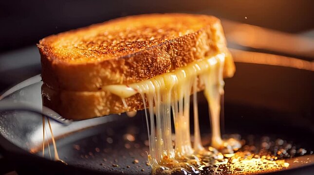 A grilled cheese sandwich being flipped, capturing the crispy texture and melted cheese inside.