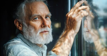 elderly man with gray hair and beard wearing a light button shirt rests a hand on a window, his reflection in the glass conveying quiet contemplation and gentle melancholy
