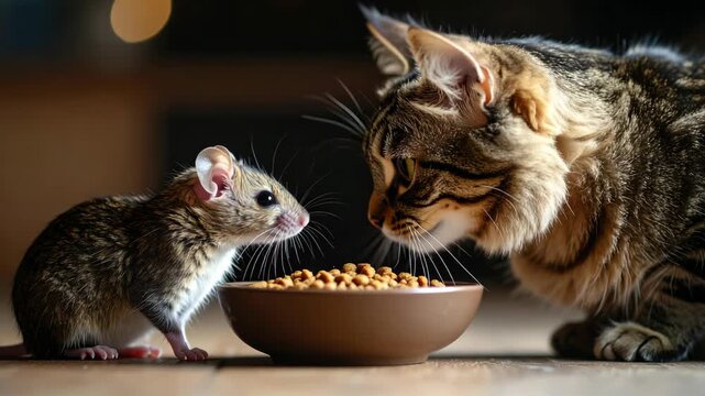 Domestic cat and small mouse curiously observe a bowl of kibble together
