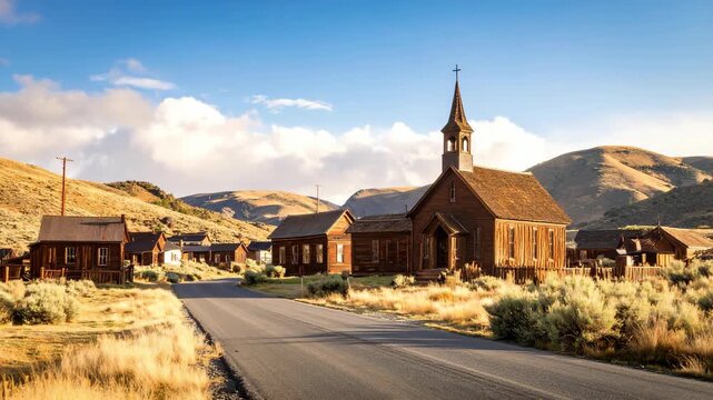 Rustic wooden buildings line a desolate road in a historic ghost town setting