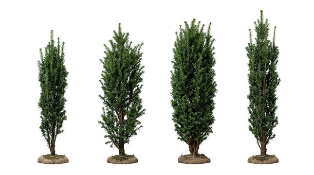 yew tree, taxus baccata, evergreen, conifer, nursery, root ball, burlap. Set of four columnar fastigiate yew trees with wrapped roots for gardening and landscape design projects.