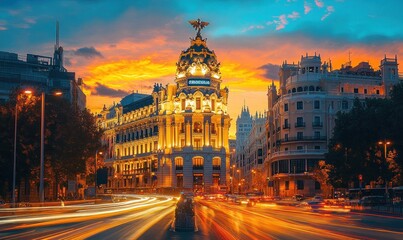 Fototapeta premium ornate domed landmark building glowing at sunset on a bustling city avenue with streaking traffic light trails and a dramatic colorful sky, vibrant urban energy