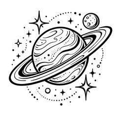 Striking Astronomical Saturn Planet Icon with Rings and Stellar Elements, a Celestial Black and White Vector Illustration for Space Exploration and Universe Concepts © Muhammad