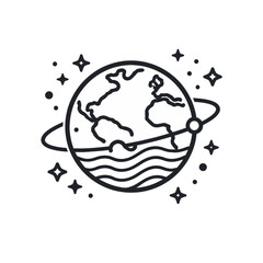 Minimalist planet Earth icon with a celestial ring and sparkling stars, representing global connectivity and ecological balance in a simple line art design, ideal for modern sustainability concepts