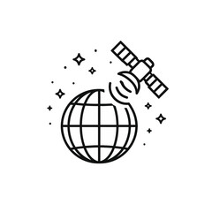 Obraz premium Modern outline icon of a satellite orbiting Earth, symbolizing global communication, internet connectivity, and advanced space technology for worldwide data exchange and wireless networks