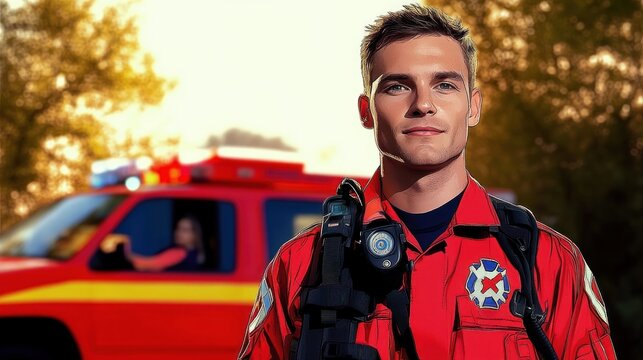 anonymized emergency responder in red uniform and radio gear standing in front of a red rescue vehicle at sunset, focused, confident and ready to respond