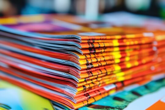 Close-up of a neat stack of colorful glossy magazines and brochures with vibrant orange covers, layered edges and an energetic, inviting mood