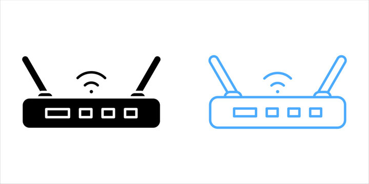 Wireless Wi-Fi Router Icon Set with Dual Antenna and LAN Ports in Solid and Outline Style