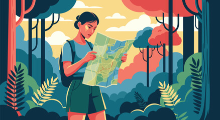 A vibrant vector illustration of a woman navigating a lush forest with a map, perfect for travel and adventure themes © Purnomo
