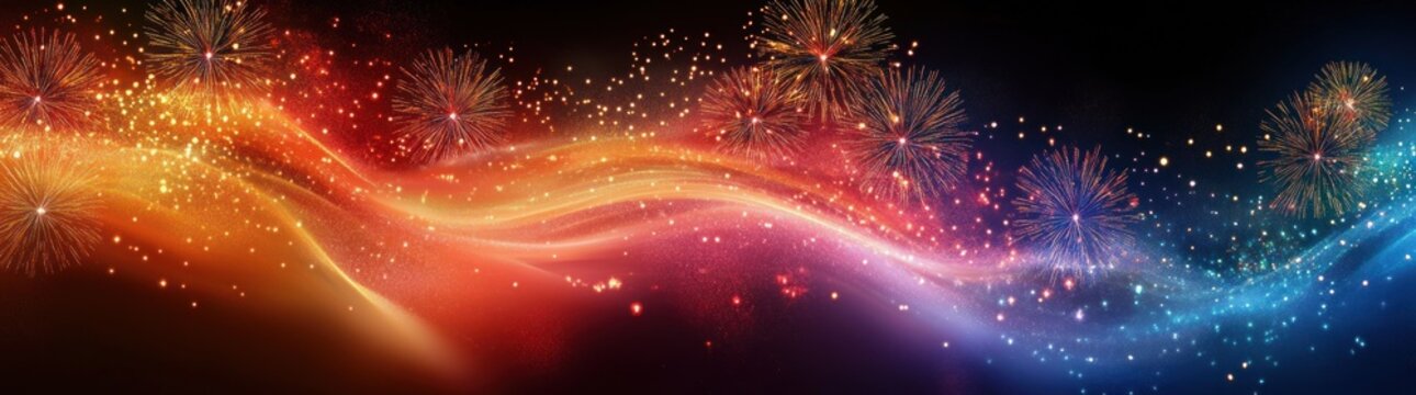 vibrant sweeping ribbon of glowing light and multicolored fireworks with glittering sparkles against a dark sky, evoking festive celebration and wonder