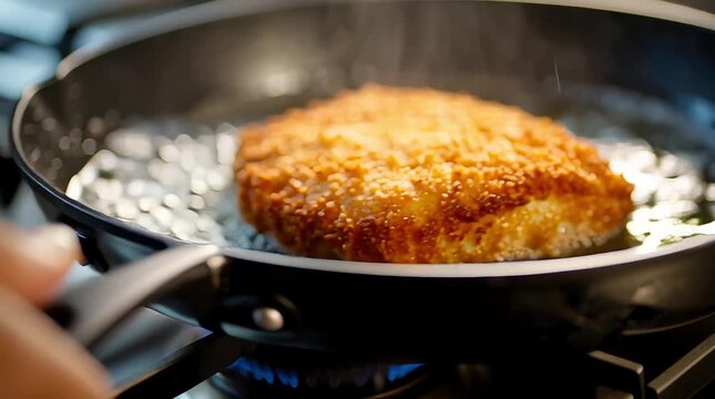 A golden breaded cordon bleu being lowered into a sizzling frying pan, ready to cook.