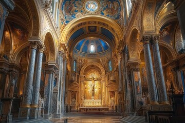 Fototapeta premium ornate golden cathedral interior with vaulted blue dome, marble columns and arches, illuminated central crucifix above the altar evoking awe and serene reverence