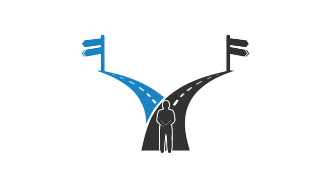 Decision concept Man standing at a crossroads with two diverging paths, representing choice and direction, vector illustration