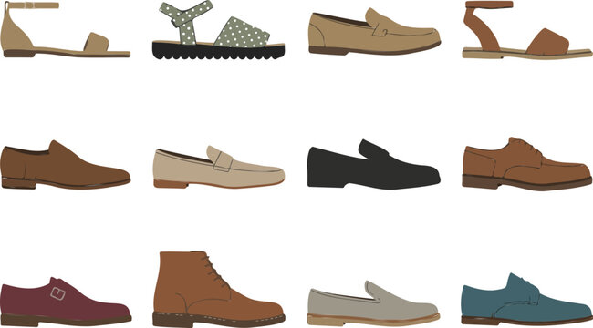 Men&rsquo;s casual and formal shoes vector set with loafers boots sandals and oxfords isolated footwear collection for fashion design