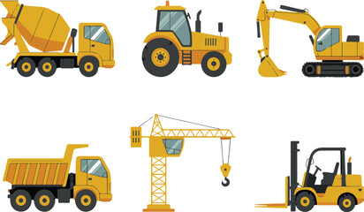 Construction machinery vector illustration set featuring excavator forklift crane dump truck concrete mixer and tractor for industrial building engineering projects © MDABU