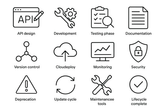 API Management Icons. API lifecycle management. Line outline icon set of API lifecycle management: API design,