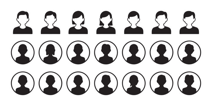 Set of male and female user profile icons in black and white for social network or business applications