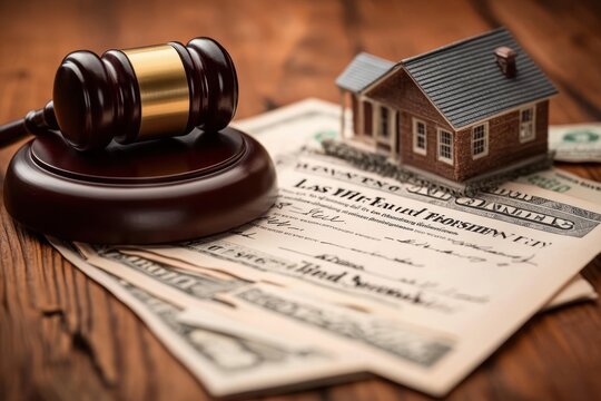 wooden judge gavel with base beside a miniature house and stacks of dollar bills on a last will and testament document, conveying legal authority and serious financial decision