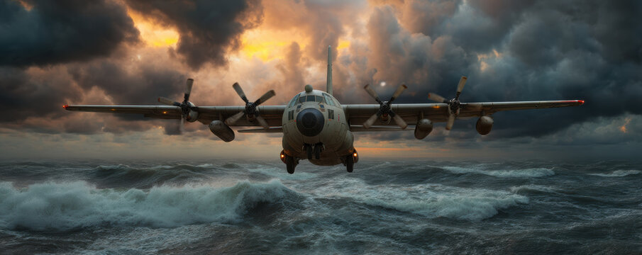  military cargo plane flies low over a turbulent ocean under a dramatic, cloudy sunset sky.