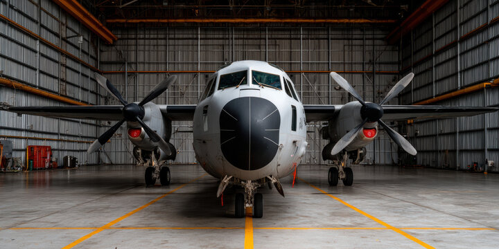twin-engine turboprop aircraft parked inside a spacious, industrial hangar with metal walls and a concrete floor.