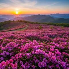 Obraz premium Sunrise Over Azalea Field in the Mountains - A Breathtaking Landscape.