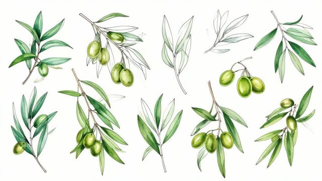 Watercolor olive branches with green olives and leaves on white background