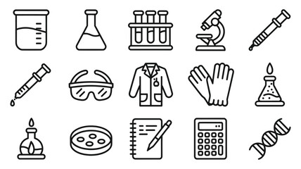 minimalist laboratory equipment and science research line icon set featuring a microscope, beaker, flask, test tubes, dna helix, lab coat, safety goggles, and bunsen burner on white background, clean  © Rose
